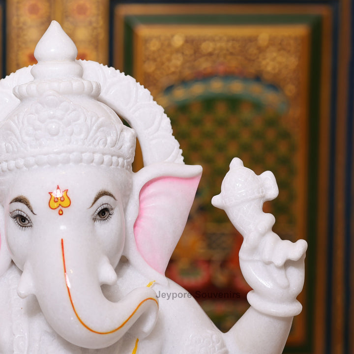 18" Handcrafted White Marble Lord Ganesha Idol
