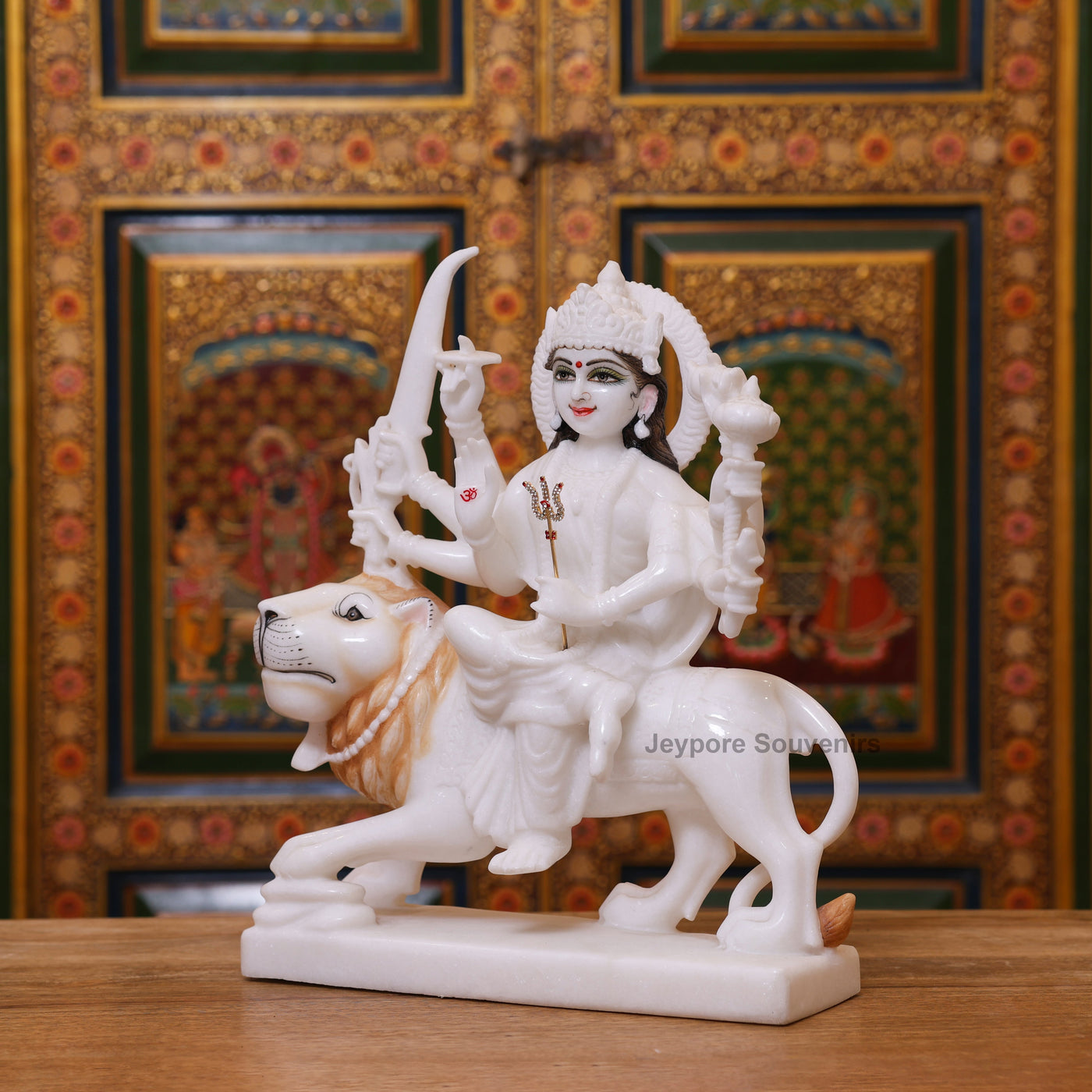 15" Handcrafted Goddess Durga Idol on Lion Made in Pure White Marble