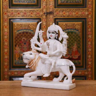 15" Handcrafted Goddess Durga Idol on Lion Made in Pure White Marble