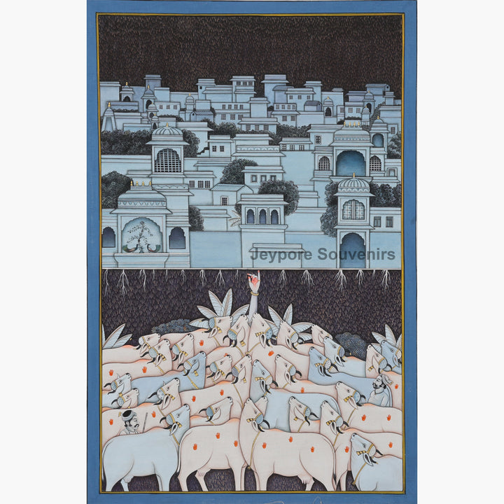 Pichwai Painting of Lord Krishna Protecting Cows under Govardhan Parvat