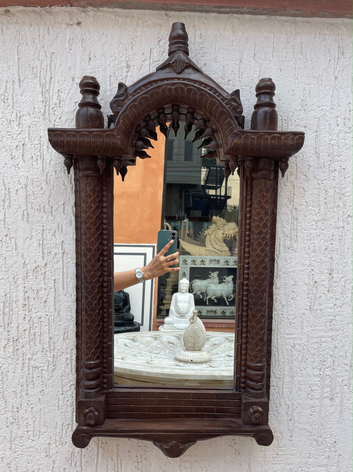 Hand carved single Jharokha mirror in distressed finish