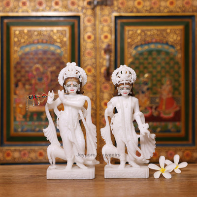 10" Elegant Pure White Marble Radha Krishna Statue Pair