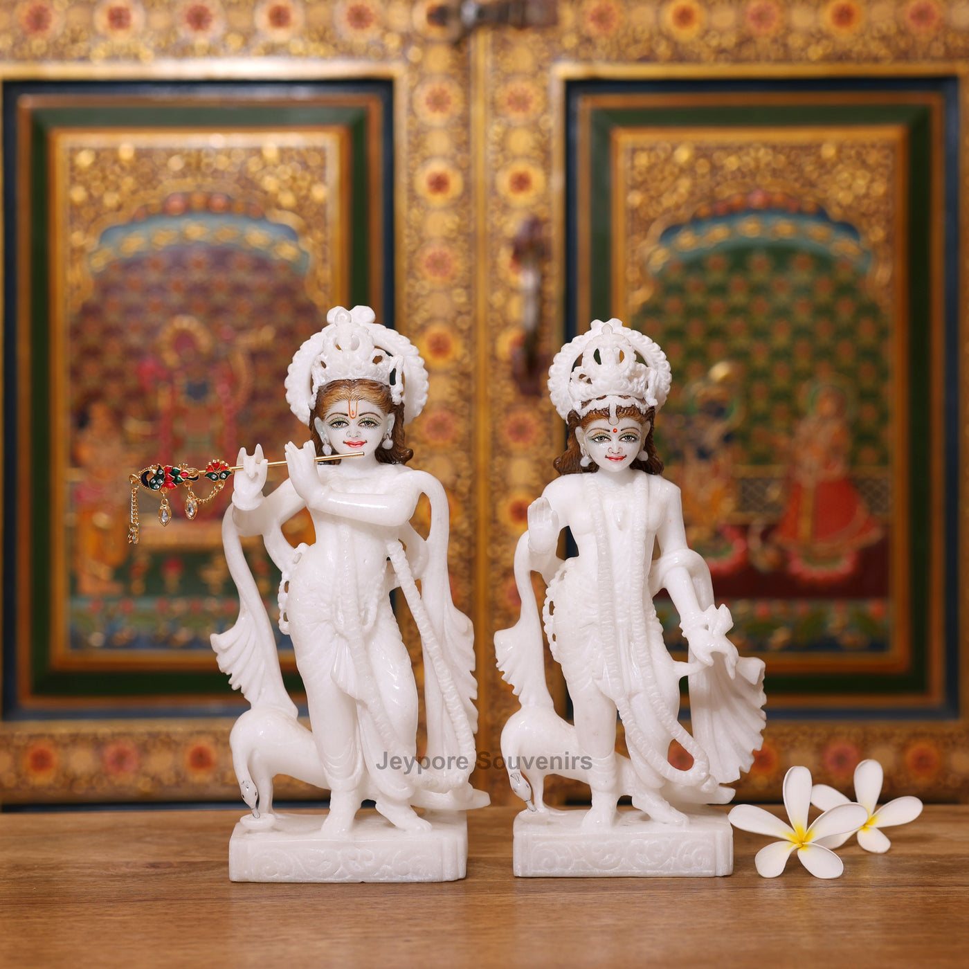 10" Elegant Pure White Marble Radha Krishna Statue Pair
