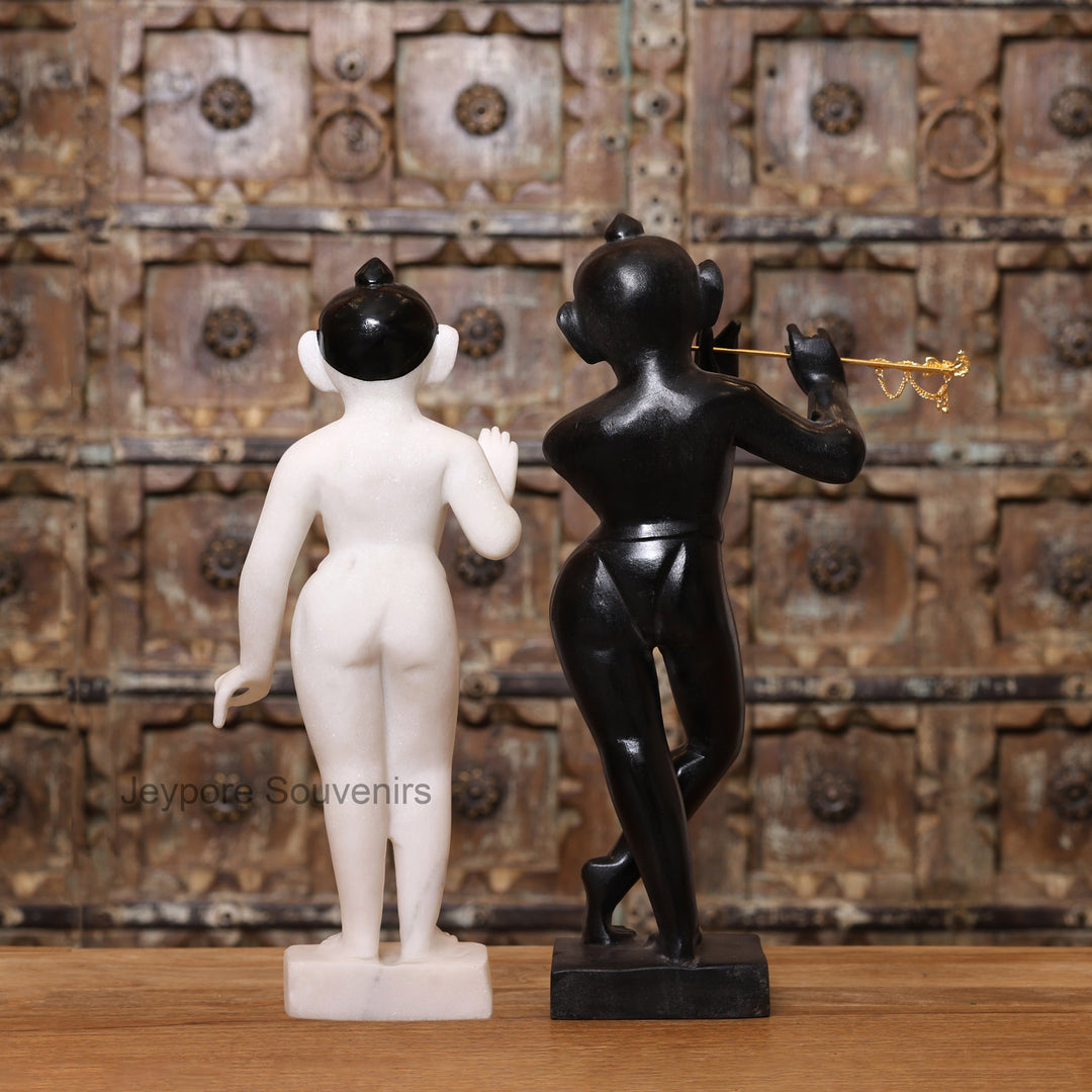 18" Exquisite Handcrafted Black and White Marble Radha Krishna Statues Pair