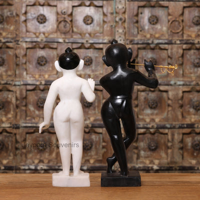 18" Exquisite Handcrafted Black and White Marble Radha Krishna Statues Pair
