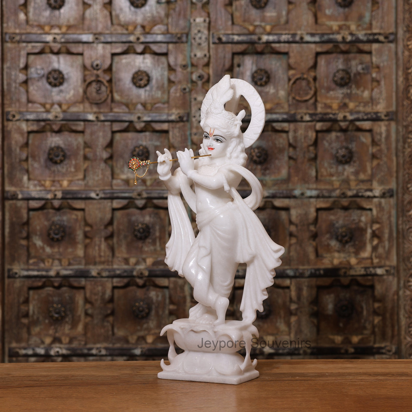 21" Majestic Handcrafted Pure White Marble Krishna Statue (Murti) with Flute