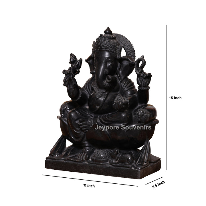 15" Pure Black Marble Handcrafted Sitting Lord Ganesha Idol