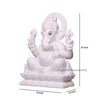 27" Grand Pure White Marble Lord Ganesha Idol For Home Decor