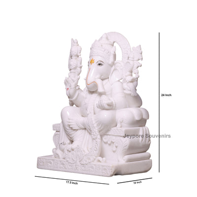 24" Enchanting Pure White Marble Lord Ganesha Idol on Throne