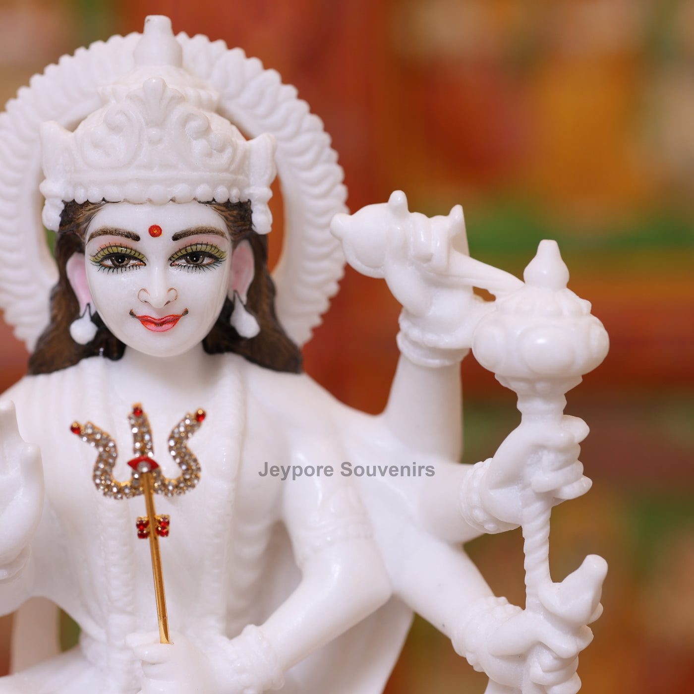 12" Pure White Marble Goddess Durga Idol on Lion