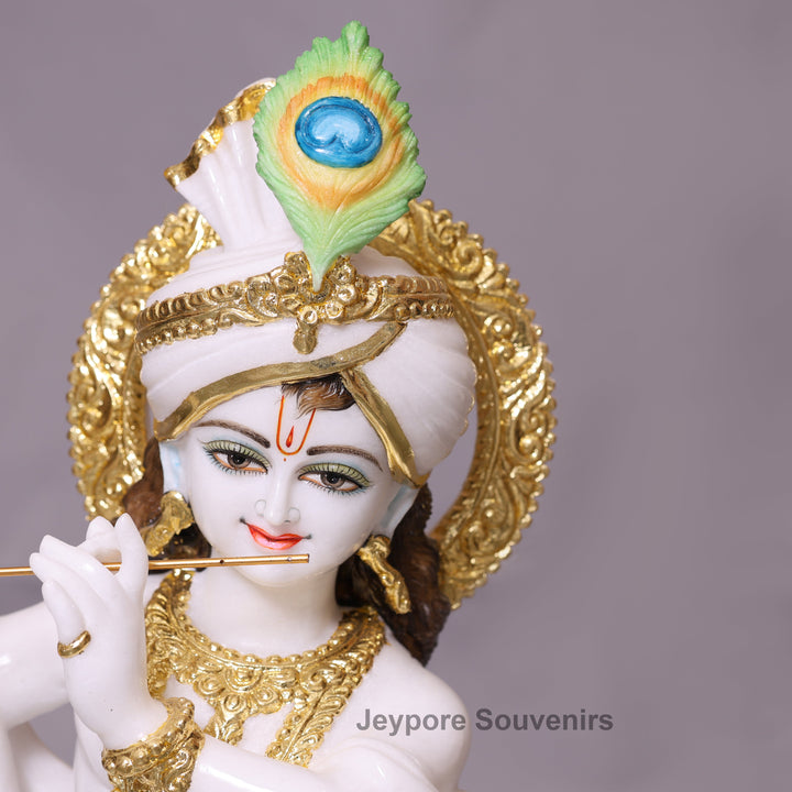 27" Enchanting Pure White Marble Lord Krishna Cow Idol With Real Gold Leaf