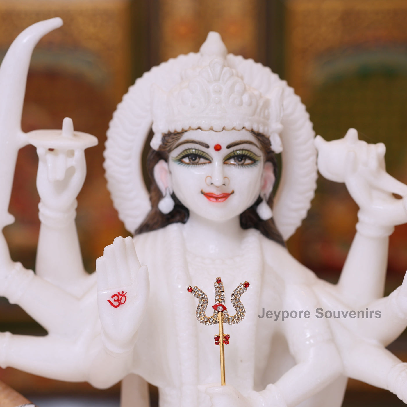 15" Handcrafted Goddess Durga Idol on Lion Made in Pure White Marble