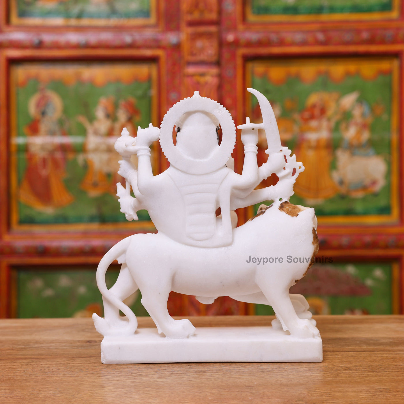 12" Pure White Marble Goddess Durga Idol on Lion