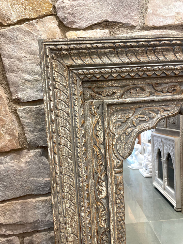 4 Jharokha Hand-Carved Wooden Mirror Frame – Distressed Finish (47" x 59")
