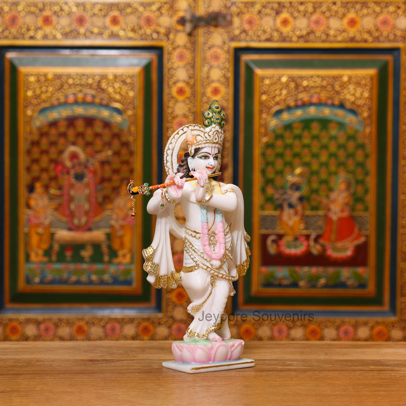 12" Elegant Handcrafted Pure White Marble Krishna Statue with Real Gold Leaf Work