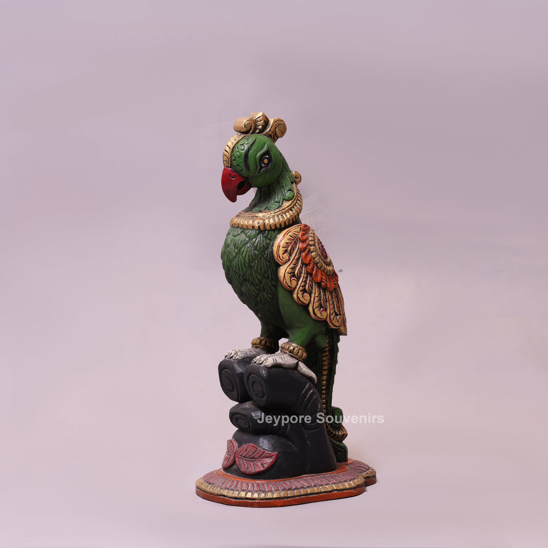 19" Hand-Carved Wooden Parrot Statue
