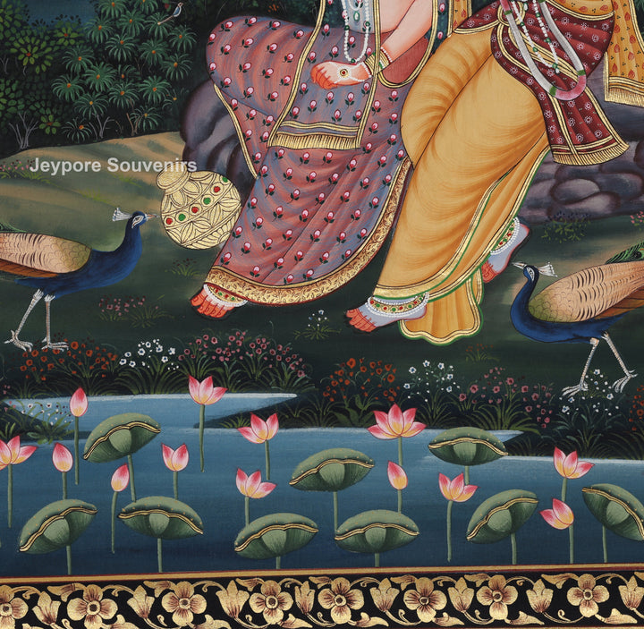 Pichwai Style Seated Radha Krishna Painting On Silk Fabric