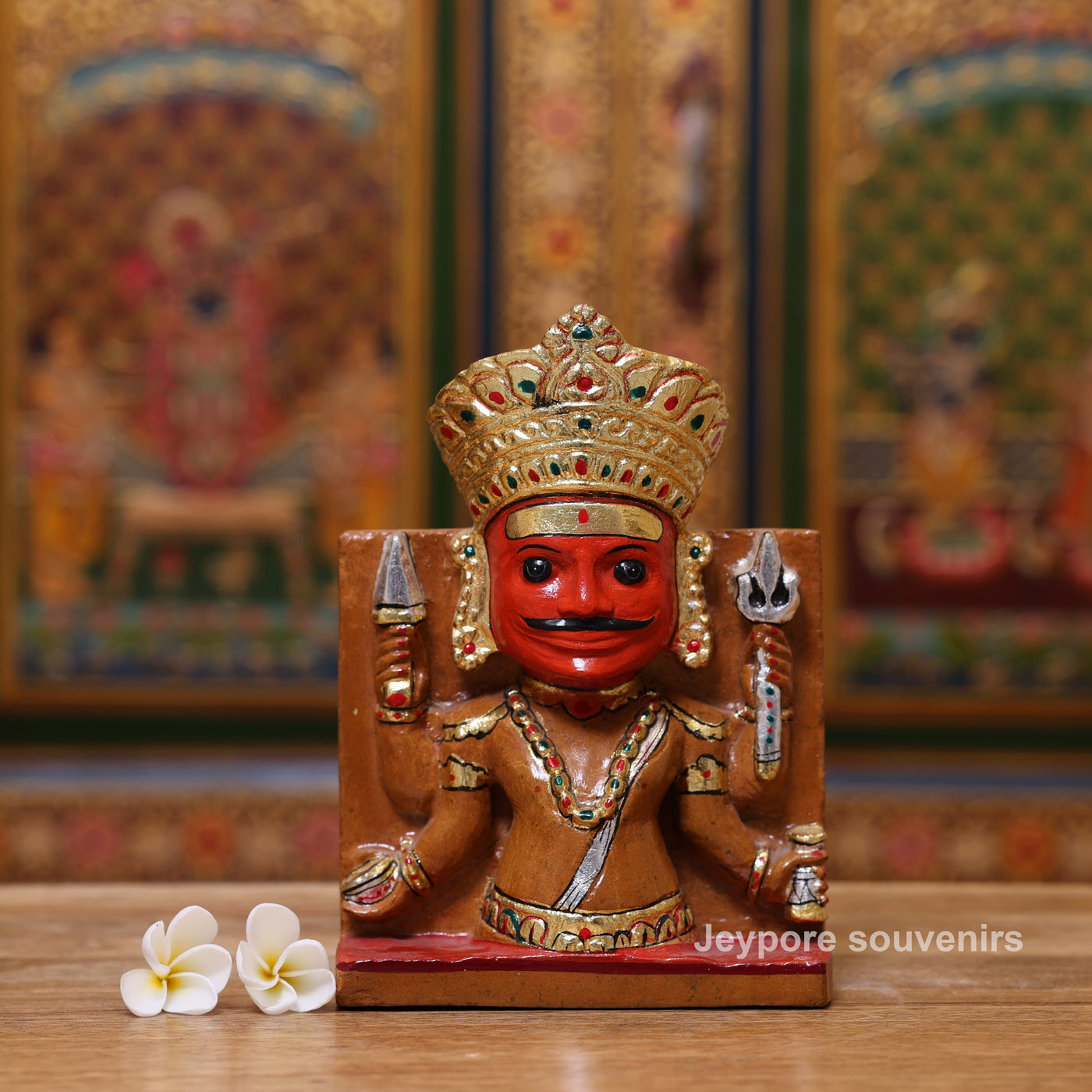 7" Handcrafted Marble Nakoda Bhairavnath Idol With Real Gold Leaf Work