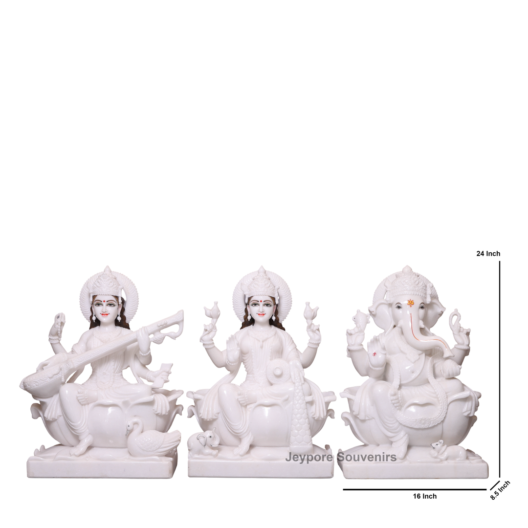 24" Divine Trinity Set: Pure White Marble Lakshmi, Ganesha, &amp;amp; Saraswati Idols&amp;nbsp;