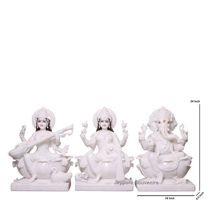 24" Divine Trinity Set: Pure White Marble Lakshmi, Ganesha, &amp;amp; Saraswati Idols&amp;nbsp;