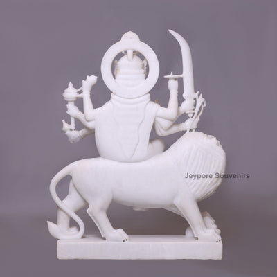 36" Pure White Marble Goddess Durga Idol on Lion