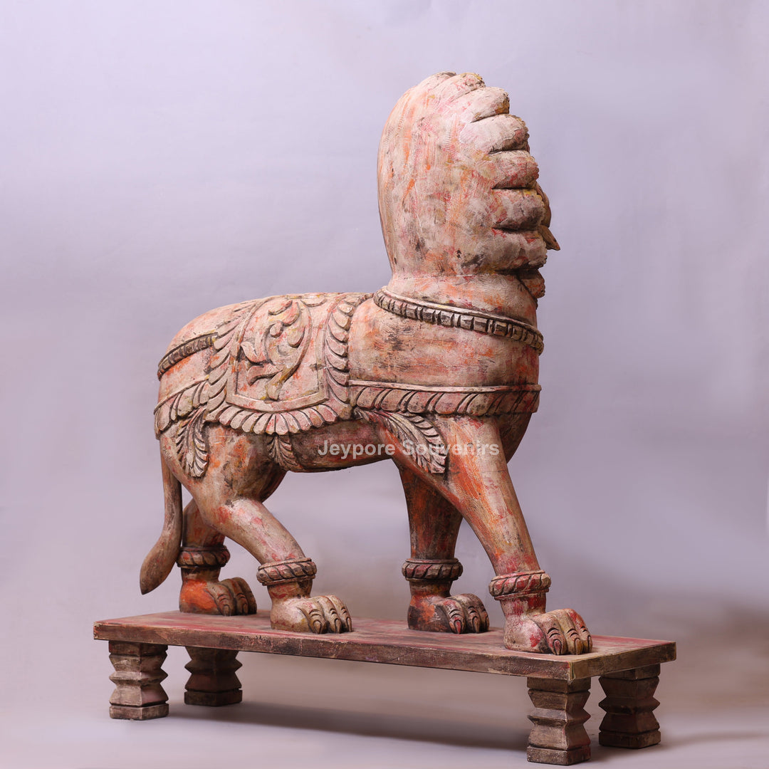 41" Grand Hand-Carved Wooden Yali (Mythical Lion) Statue