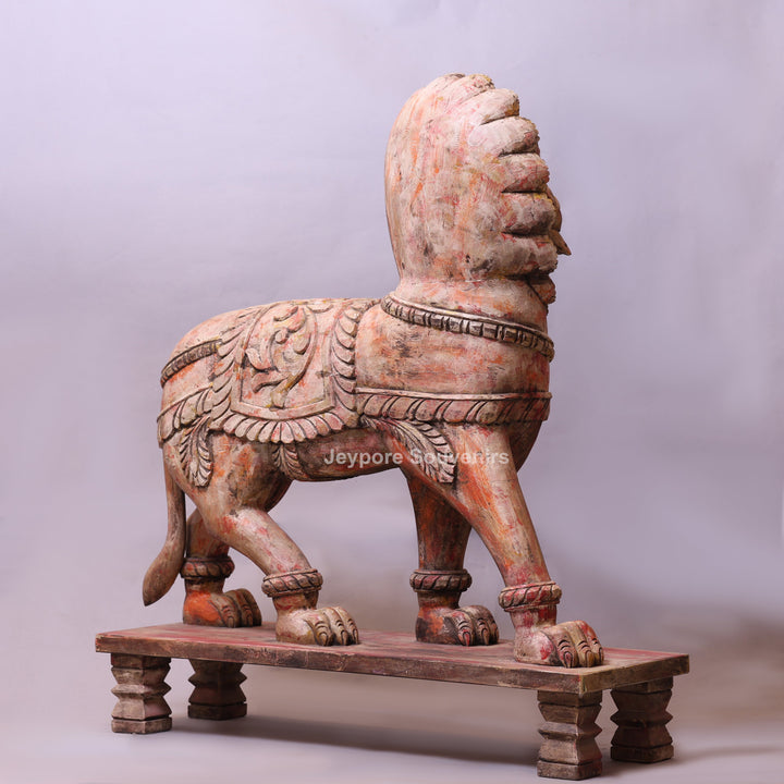 41" Grand Hand-Carved Wooden Yali (Mythical Lion) Statue