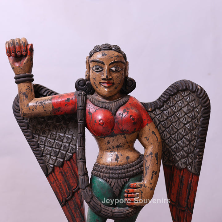 37" Handcrafted Wooden Apsara Winged Statue
