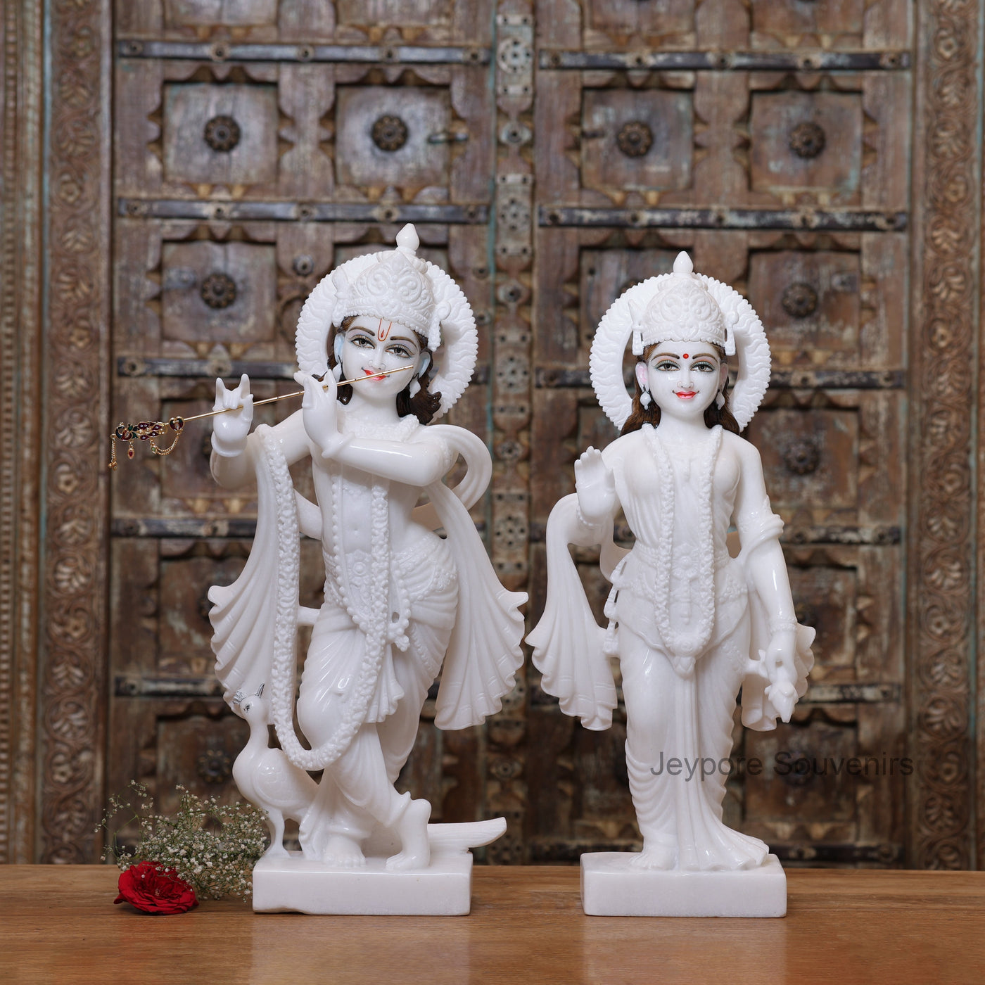 24" Pure White Marble Radha Krishna Statues Pair