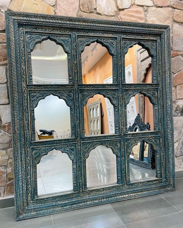 Hand carved 9 Jharokha Mirror | Big Wooden frame in Distressed Rustic Finish