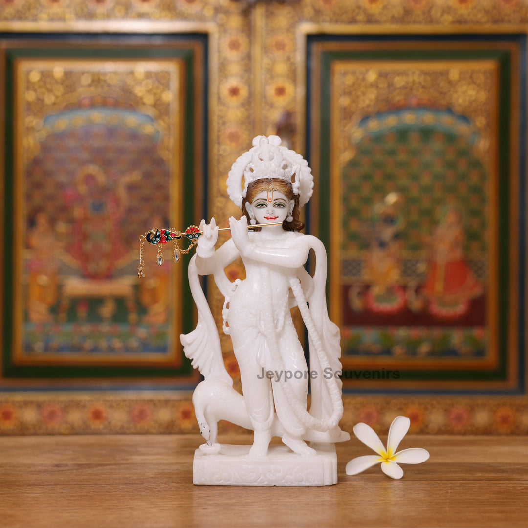 10" Elegant Pure White Marble Radha Krishna Statue Pair