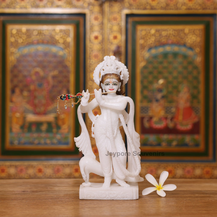 10" Elegant Pure White Marble Radha Krishna Statue Pair
