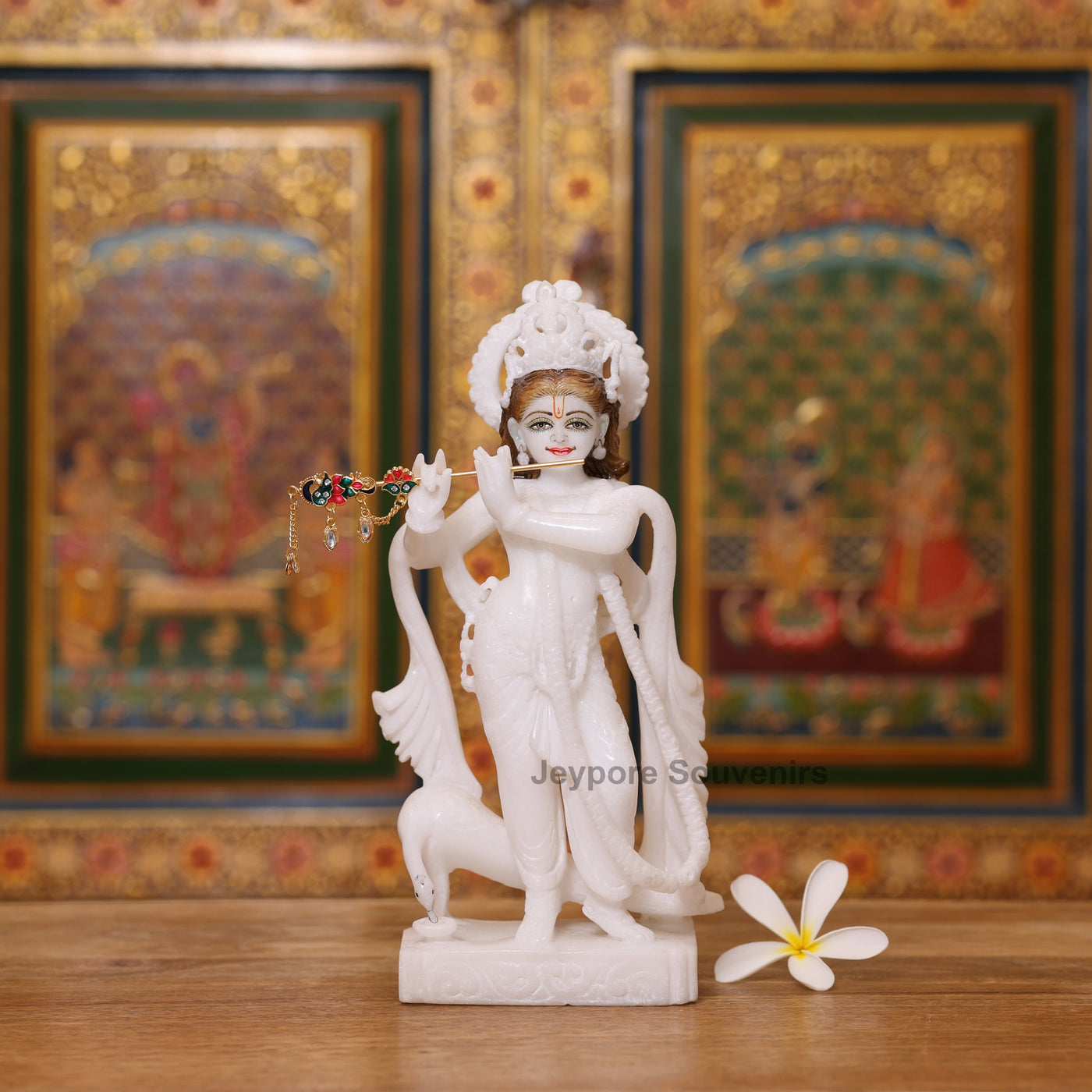 10" Elegant Pure White Marble Radha Krishna Statue Pair
