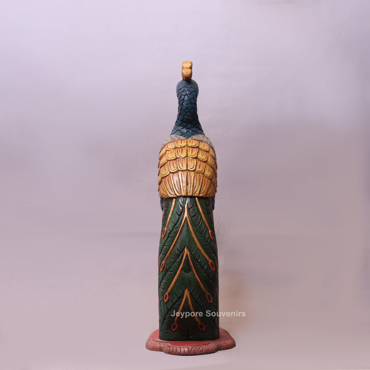 37" Grand Hand-Carved Wooden Peacock Statue