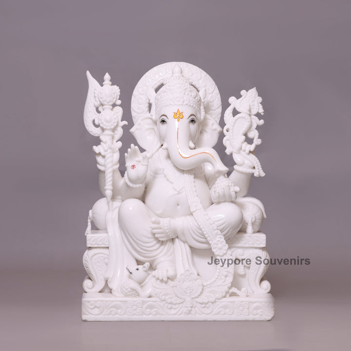 24" Enchanting Pure White Marble Lord Ganesha Idol on Throne