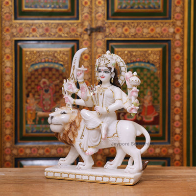 15" Real Gold Leaf Goddess Durga Marble Statue with Lion