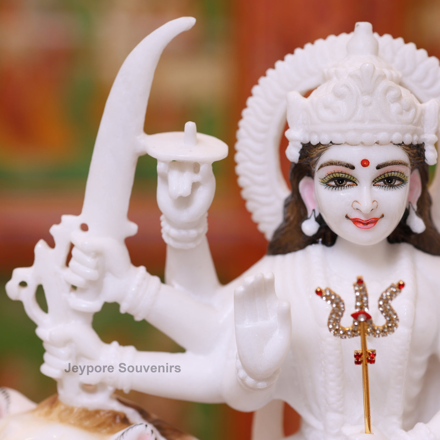 12" Pure White Marble Goddess Durga Idol on Lion