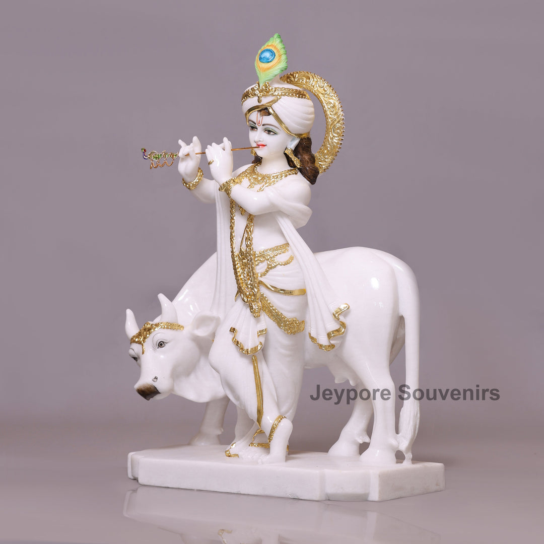 27" Enchanting Pure White Marble Lord Krishna Cow Idol With Real Gold Leaf