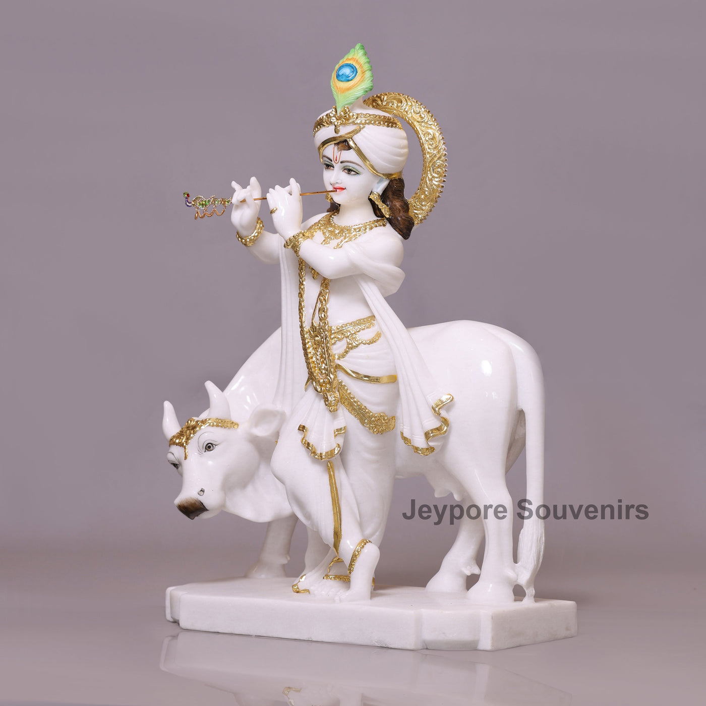 30" Enchanting Pure White Marble Lord Krishna Cow Idol With Real Gold Leaf