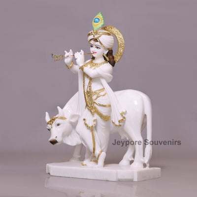 30" Enchanting Pure White Marble Lord Krishna Cow Idol With Real Gold Leaf