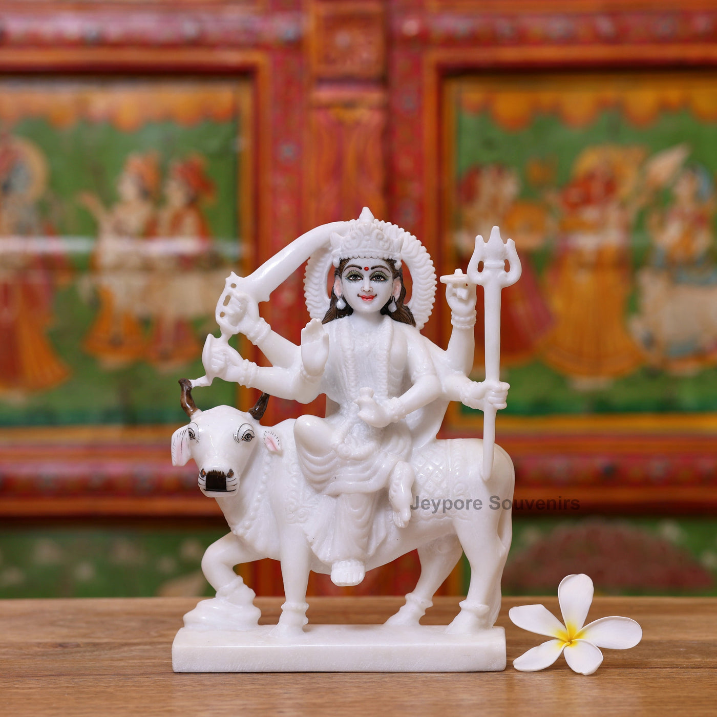 9" Pure White Marble Goddess Umiya Idol on Cow | for Protection And Strength