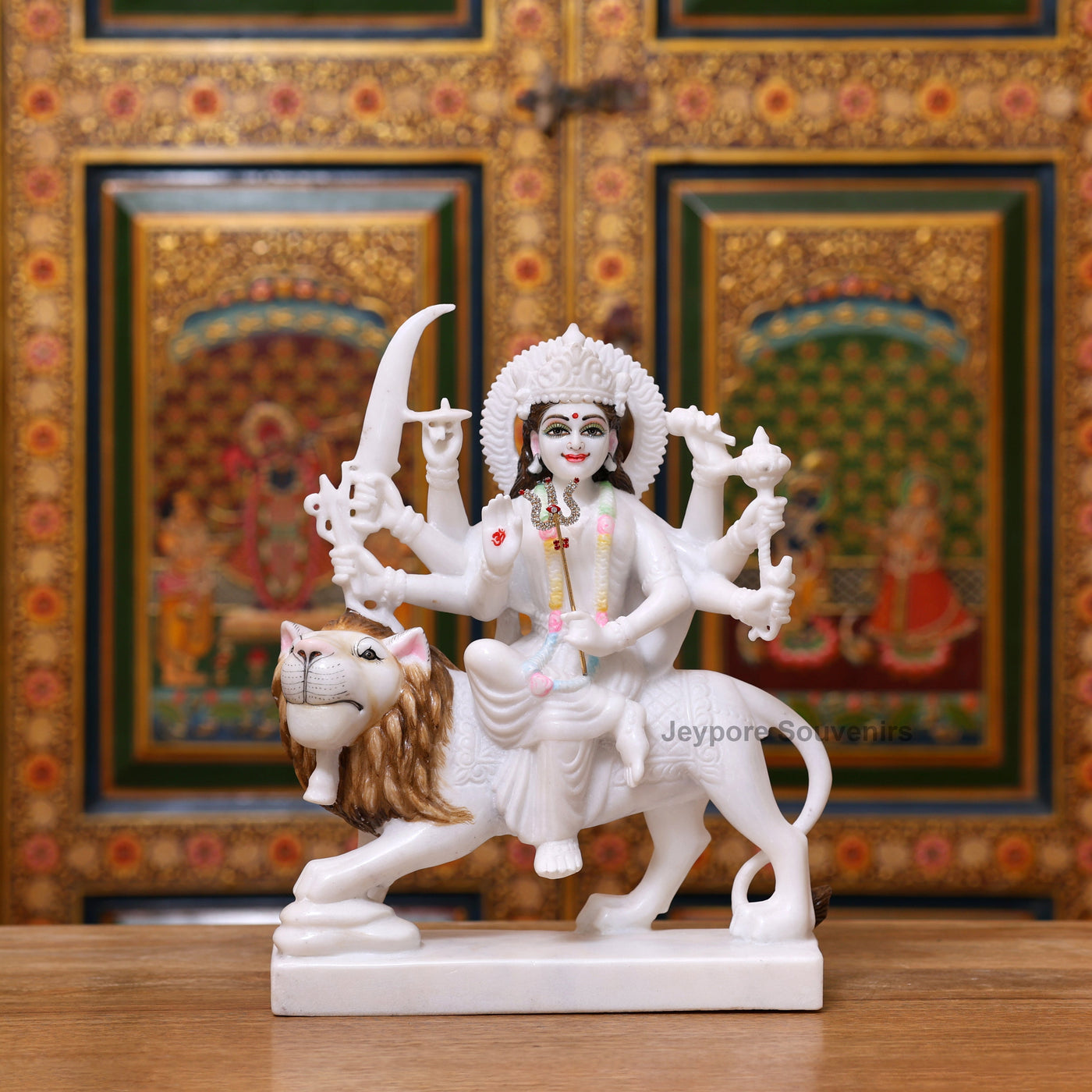 12" Pure White Marble Goddess Durga Idol on Lion