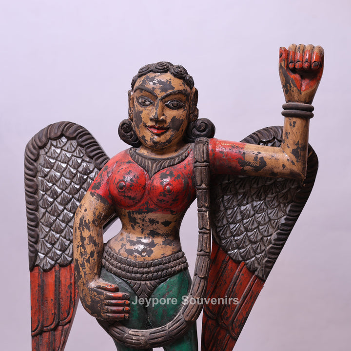 37" Handcrafted Wooden Apsara Winged Statue
