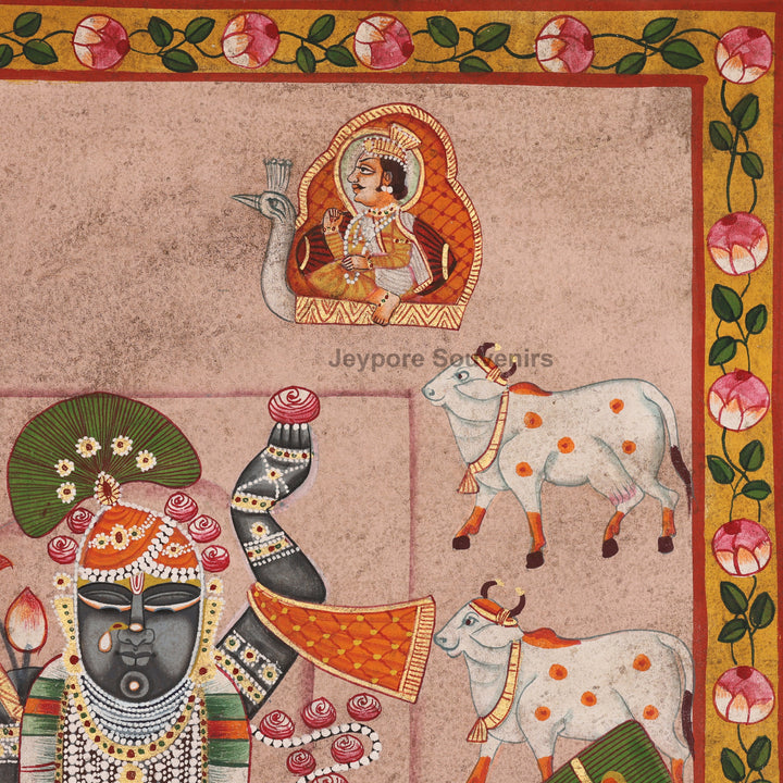 Handcrafted Pichwai Painting of Shrinathji with Cows &amp; Priests