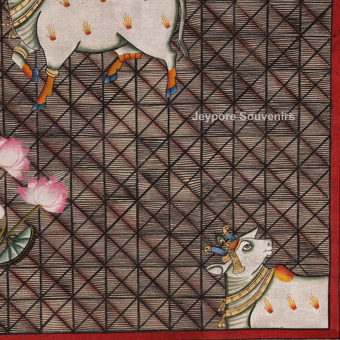 Pichwai Painting Featuring Cows and Lotus Motifs
