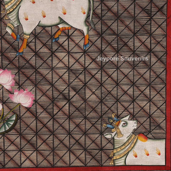 Pichwai Painting Featuring Cows and Lotus Motifs