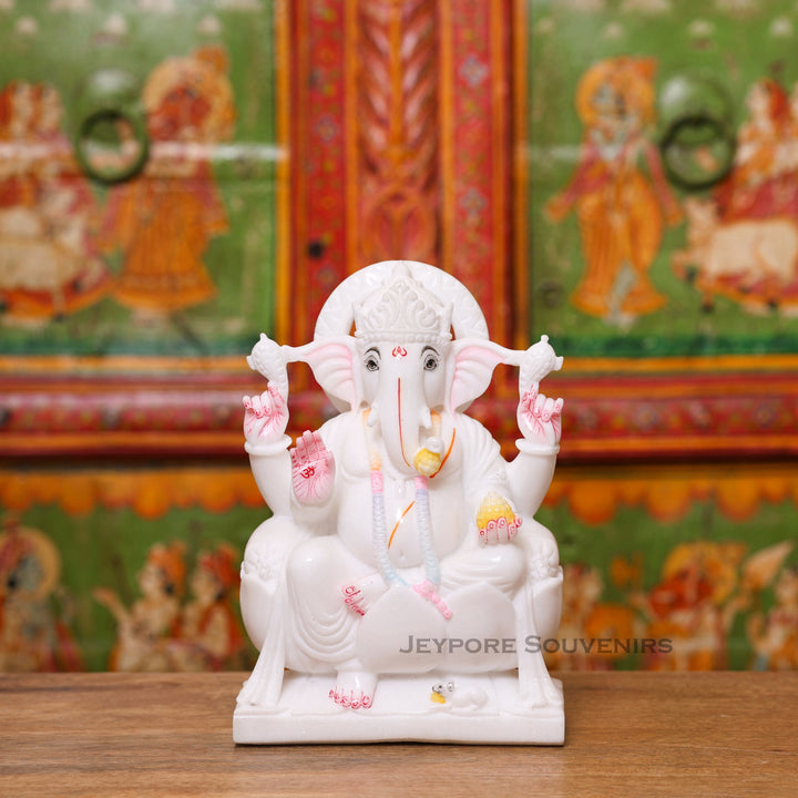 9" Handcrafted White Marble Lord Ganesha Idol for Home Temple &amp; Décor