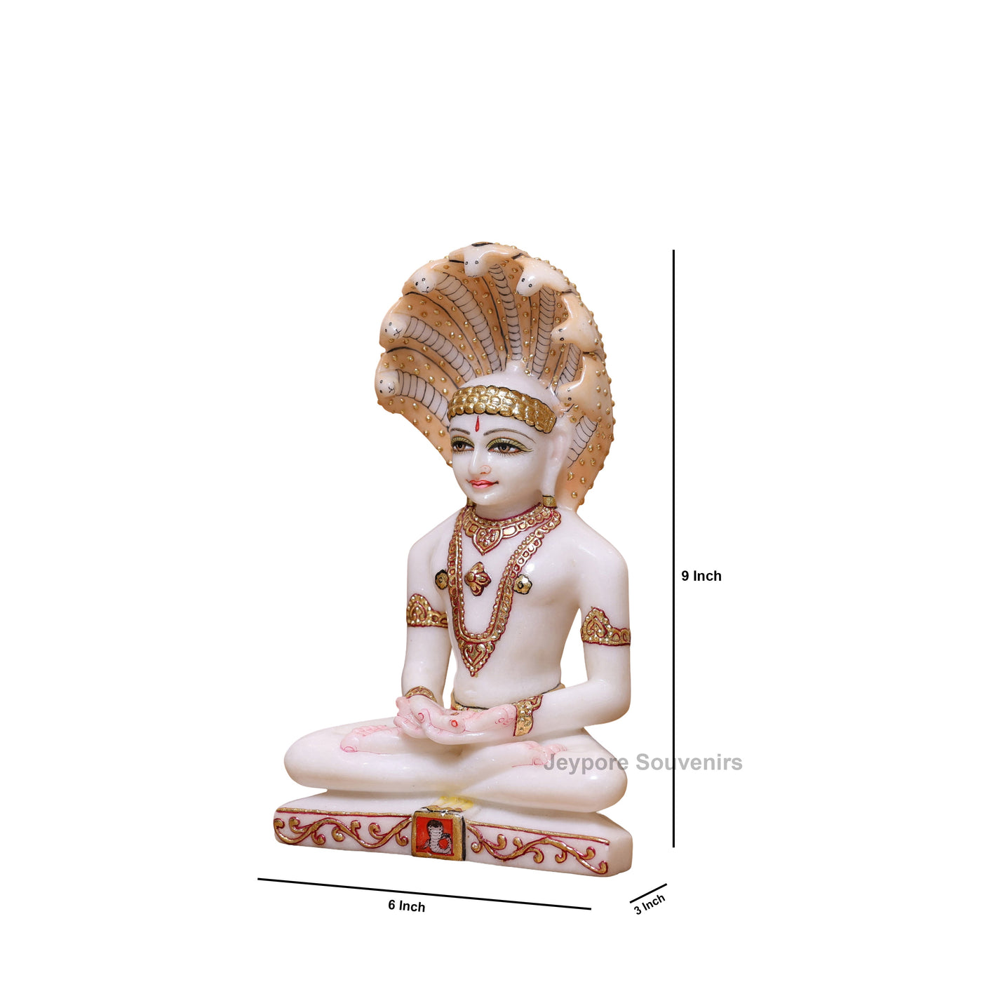 9" Pure White Marble Bhagwan Parshvanatha Idol with Real Gold Leaf Work | Handcrafted Jain Tirthankara Statue