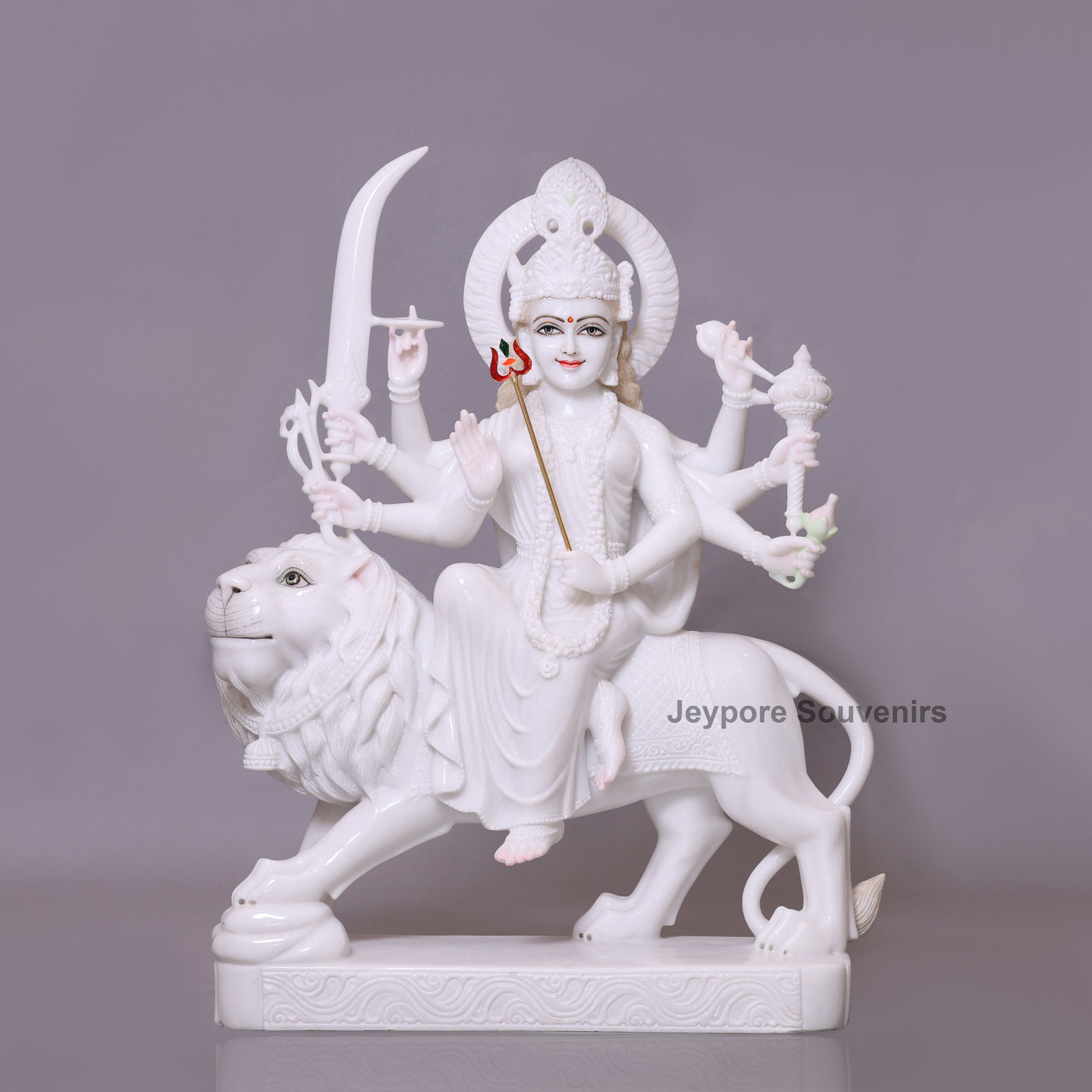 36" Pure White Marble Goddess Durga Idol on Lion
