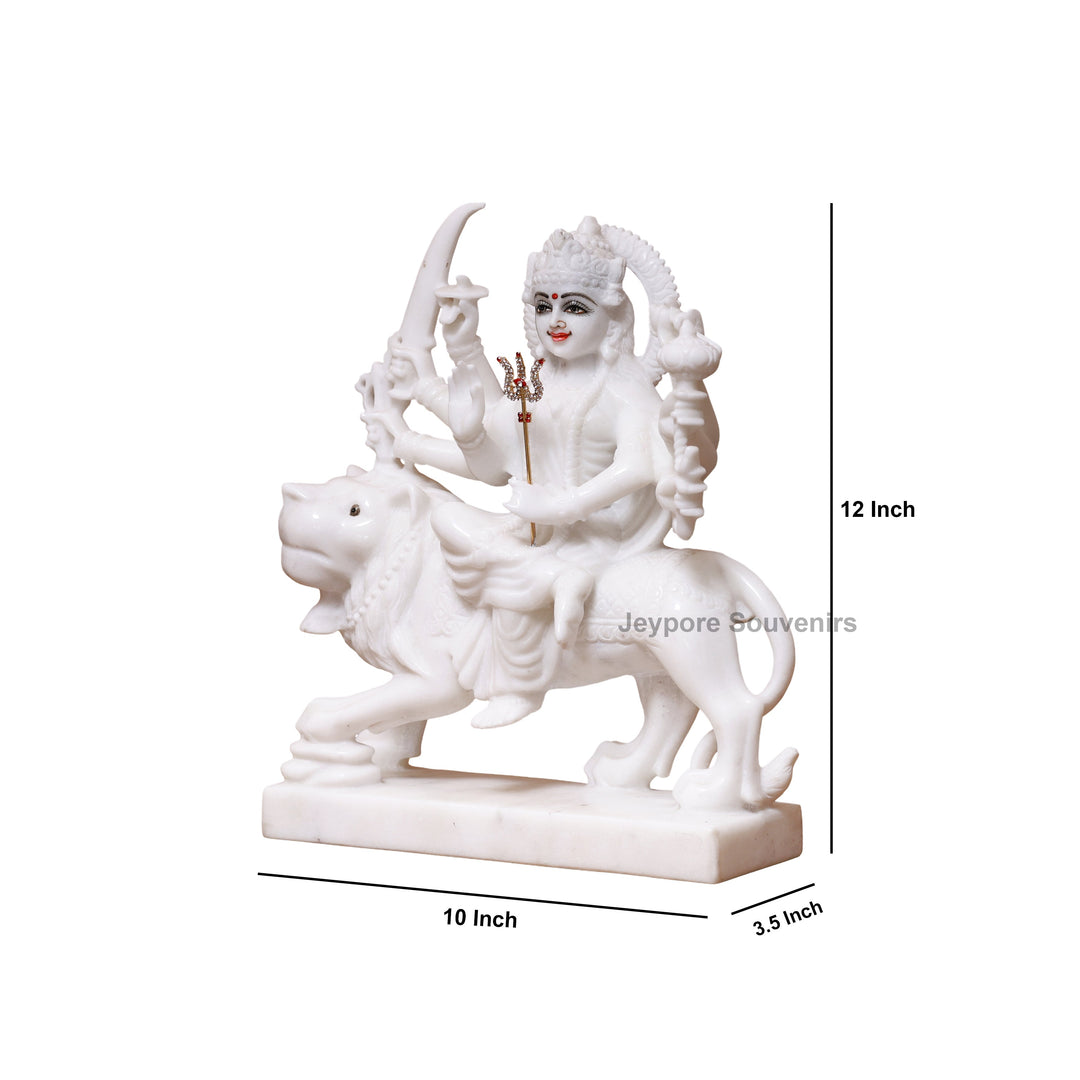 12" Pure Handcrafted White Marble Goddess Durga Idol with Lion